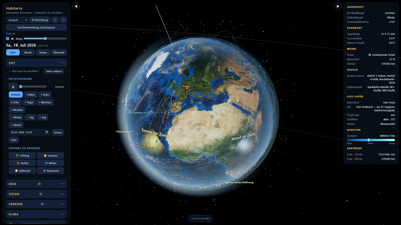 Habiterra browser app: 3D globe with control panels, satellites and live layers