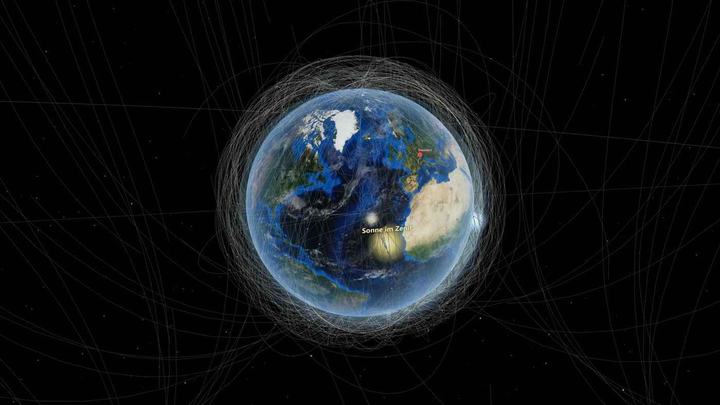 Habiterra satellite view: Earth inside the web of live satellite orbits